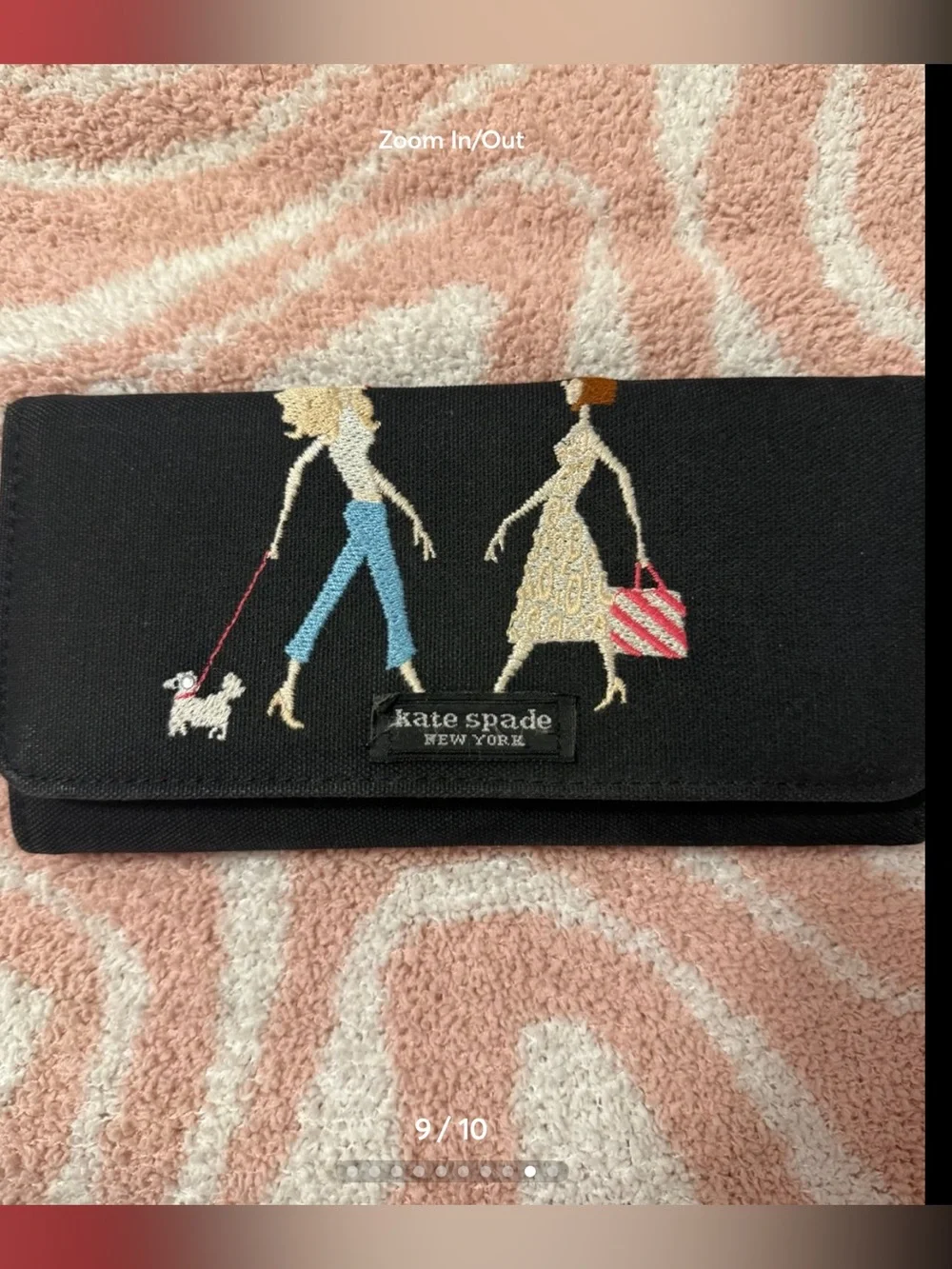 Kate Spade Rare Black Embroidered Women & Dog Card Holder with Pink Striped Tote